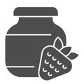 Strawberry jam solid icon. Glass can jar and strawberries glyph style pictogram on white background. Children homemade