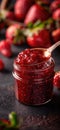Strawberry jam. Spoon scooping homemade strawberry jam from a glass jar surrounded by fresh strawberries Royalty Free Stock Photo