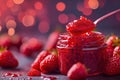 Strawberry jam. Spoon scooping homemade strawberry jam from a glass jar surrounded by fresh strawberries Royalty Free Stock Photo