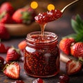 Strawberry jam. Spoon scooping homemade strawberry jam from a glass jar surrounded by fresh strawberries Royalty Free Stock Photo