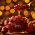 Strawberry jam. Spoon scooping homemade strawberry jam from a glass jar surrounded by fresh strawberries Royalty Free Stock Photo