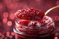 Strawberry jam. Spoon scooping homemade strawberry jam from a glass jar surrounded by fresh strawberries Royalty Free Stock Photo