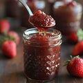 Strawberry jam. Spoon scooping homemade strawberry jam from a glass jar surrounded by fresh strawberries Royalty Free Stock Photo