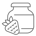Strawberry jam thin line icon. Glass can jar and strawberries outline style pictogram on white background. Children