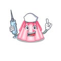 A strawberry jelly hospitable Nurse character with a syringe