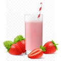 Strawberry juice, cocktail, smoothie or yogurt in glass with straw. Whole and half of strawberry, isolated on transparent Royalty Free Stock Photo