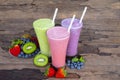 Strawberry kiwi and blueberry  smoothies colorful fruit juice milkshake . Royalty Free Stock Photo