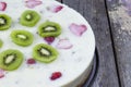Strawberry and kiwi jelly cake with whipped cream and fresh fruits Royalty Free Stock Photo