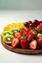 Strawberry, kiwi, orange and grape on wooden plate