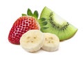 Strawberry kiwi quarter banana 4 slice isolated on white background