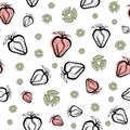 Strawberry and leaf linocut seamless vector pattern background. Stencil style hand drawn berries and leaves with red and Royalty Free Stock Photo