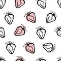 Strawberry and leaf linocut seamless vector pattern background. Stencil style hand drawn berries with red offset color Royalty Free Stock Photo
