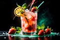 strawberry lemonade with lemon and ice in a glass, isolated on a black background Royalty Free Stock Photo