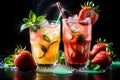 strawberry lemonade with lemon and ice in a glass, isolated on a black background Royalty Free Stock Photo