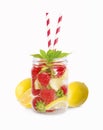 Strawberry lemonade with lemon slices. Drinks in a glass jar with mint. Royalty Free Stock Photo