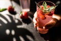 Strawberry lemonade punch. A delightful mix of tangy lemonade and luscious strawberries, served in a glass with ice Royalty Free Stock Photo