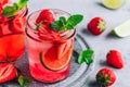 Strawberry lime mojito with fresh mint and ice in glass jar Royalty Free Stock Photo
