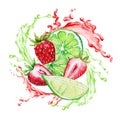 Strawberry and lime in the splash of red and green juice Royalty Free Stock Photo