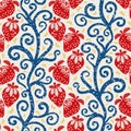 Strawberry linocut Indian Florals style seamless vector pattern background. Winding stems with berries and butterflies