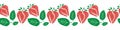 Strawberry linocut seamless vector border. Banner with stencil style hand drawn red berries, green leaves on white