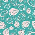 Strawberry linocut seamless vector pattern background. Cute stencil style hand drawn berries with leaves on pink blue