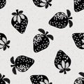 Strawberry linocut seamless vector pattern background. Stencil style berries on terrazzo textured backdrop. Monochrome