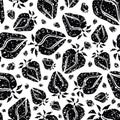 Strawberry linocut seamless vector pattern background. Stencil style hand drawn berries with leaves on black and white