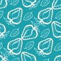 Strawberry linocut seamless vector pattern background. Stencil style hand drawn berries and leaves blue white backdrop