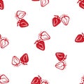 Strawberry linocut seamless vector pattern background. Stencil style hand drawn pairs of red berries on white backdrop