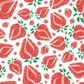 Strawberry linocut seamless vector pattern background. Stencil style hand drawn red berries with green leaves on white