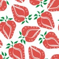 Strawberry linocut seamless vector pattern background. Stencil style hand drawn red berries on white backdrop. Bright