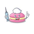 A strawberry macarons hospitable Nurse character with a syringe