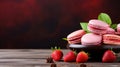 Strawberry macaroons. Delicious pink macarons and red cream with Strawberry on a dark red background. Horizontal poster banner. AI