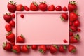 Strawberry made frame on soft pink backdrop with vibrant red charm