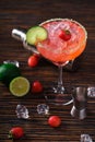 Strawberry Margarita and bartending tools,top view