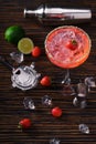 Strawberry Margarita and bartending tools,top view Royalty Free Stock Photo