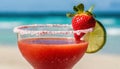 strawberry margarita and Daiquiri frozen and on ice with lime and berry fruit at beach side for summer time relaxation in the sun Royalty Free Stock Photo