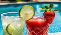 strawberry margarita and Daiquiri frozen and on ice with lime and berry fruit at pool side for summer time relaxation in the sun Royalty Free Stock Photo