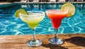 strawberry margarita and Daiquiri frozen and on ice with lime and berry fruit at pool side for summer time relaxation in the sun Royalty Free Stock Photo