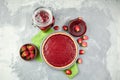 Strawberry meals flat lay - homemade jam, marmalade, confiture and tart with fresh strawberries on grey background Royalty Free Stock Photo