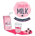 Strawberry milk graphic design , vector illustration with stylish milk box, glass and pink berry.