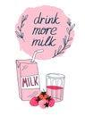 Strawberry milk graphic design , vector illustration with stylish milk box, glasse and pink berry.