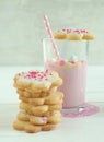 Strawberry milk with marshmallows and cookies