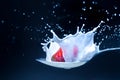 Strawberry with milk splash isolated on black Royalty Free Stock Photo