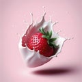 Strawberry in milk splash isolated on pink background. ai generative Royalty Free Stock Photo