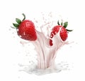 Strawberry with milk splash isolated on white background. 3d illustration Royalty Free Stock Photo