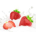 Strawberry in milk splashes isolated on white background. Royalty Free Stock Photo