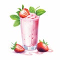 Strawberry Milkshake With Cream And Fresh Mint Leaves