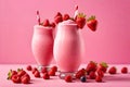 Strawberry milkshake, smoothie and fresh strawberries on pink background