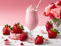 Delicious Rose Strawberry Smoothie Milkshake With Whipped Cream In Glass. Ai Generated